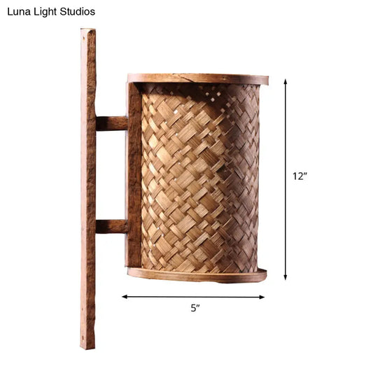 Bamboo Cylinder Wall Sconce In Asian Style - 1 Bulb Brown Light Fixture With Rectangle Backplate