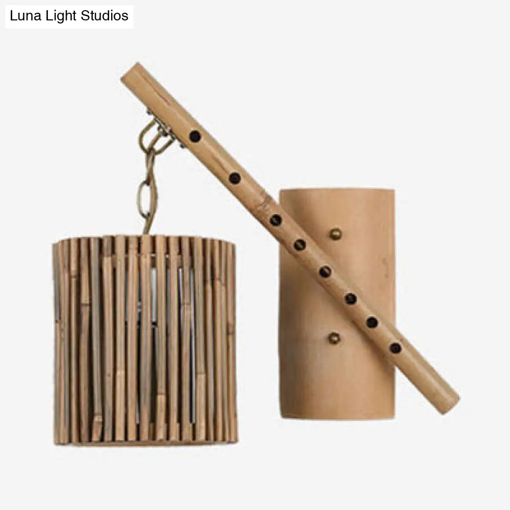 Bamboo Cylindrical Shade Wall Sconce - Asian Style 1 Light Wood Lamp With Flute Decoration