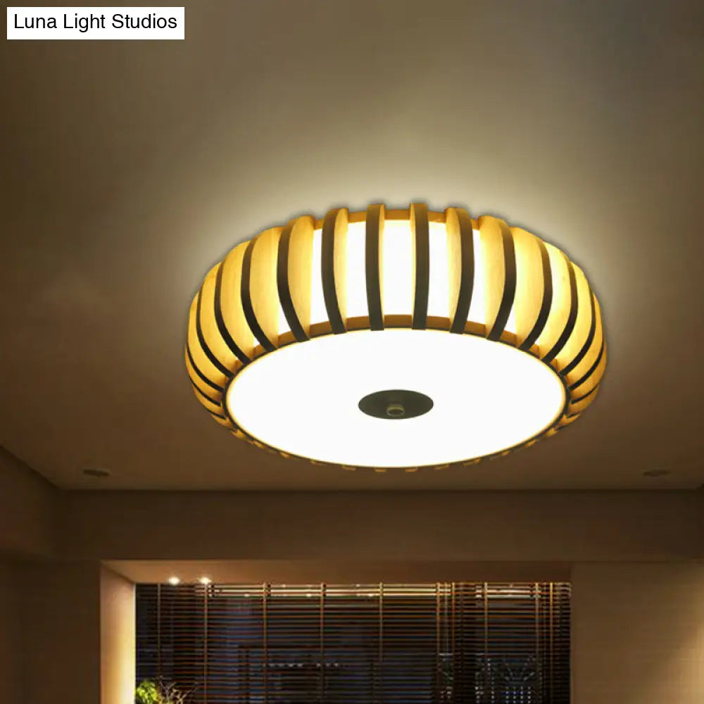 Bamboo Donut Flush Mount 3-Bulb Ceiling Chandelier - 17/21 Wide Traditional Wood Design