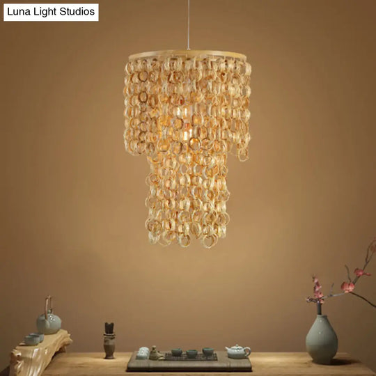 Chinese Tassel Bamboo Drop Pendant Hanging Lamp - Single Light Beige 16/19.5 Wide Dining Room