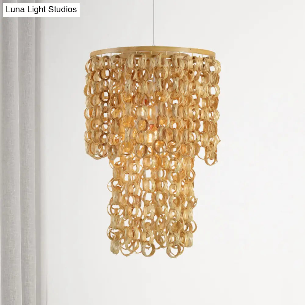 Chinese Tassel Bamboo Drop Pendant Hanging Lamp - Single Light Beige 16/19.5 Wide Dining Room