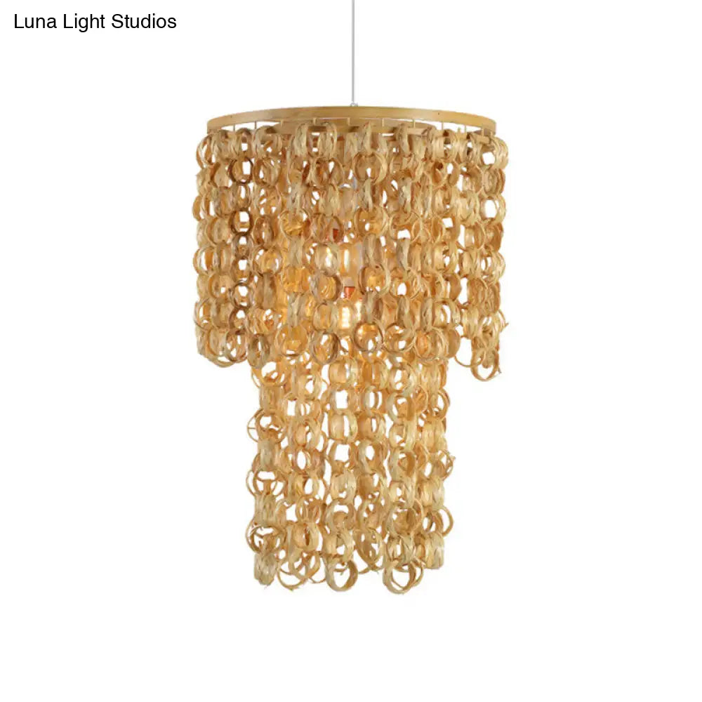 Chinese Tassel Bamboo Drop Pendant Hanging Lamp - Single Light Beige 16/19.5 Wide Dining Room