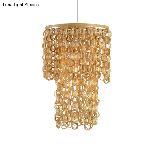 Chinese Tassel Bamboo Drop Pendant Hanging Lamp - Single Light Beige 16/19.5 Wide Dining Room