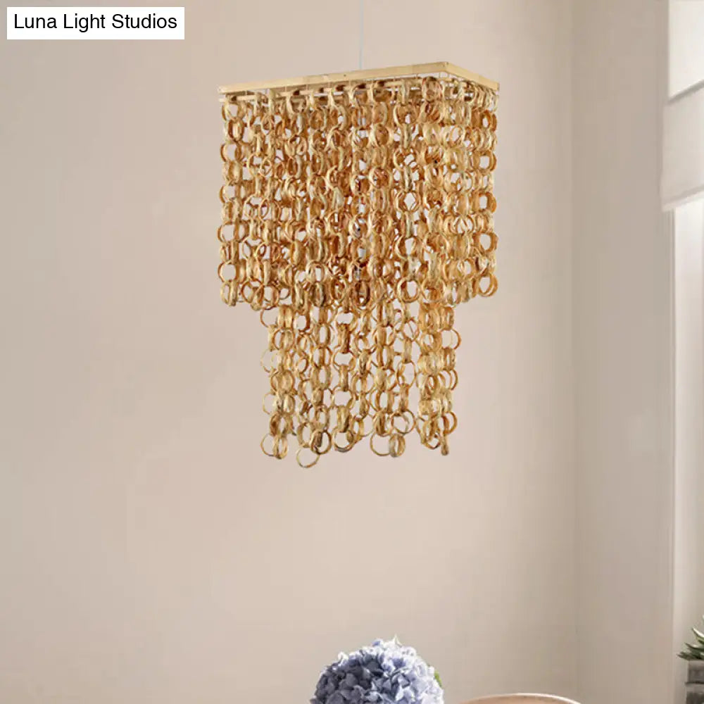 Chinese Tassel Bamboo Drop Pendant Hanging Lamp - Single Light Beige 16/19.5 Wide Dining Room