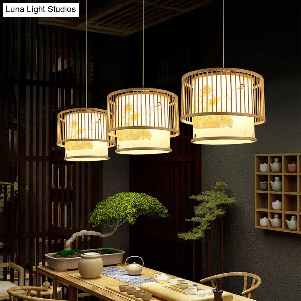 Bamboo Drum Pendant Lamp - Asian 1-Light Beige Ceiling Light With Printed Cylindrical Shade