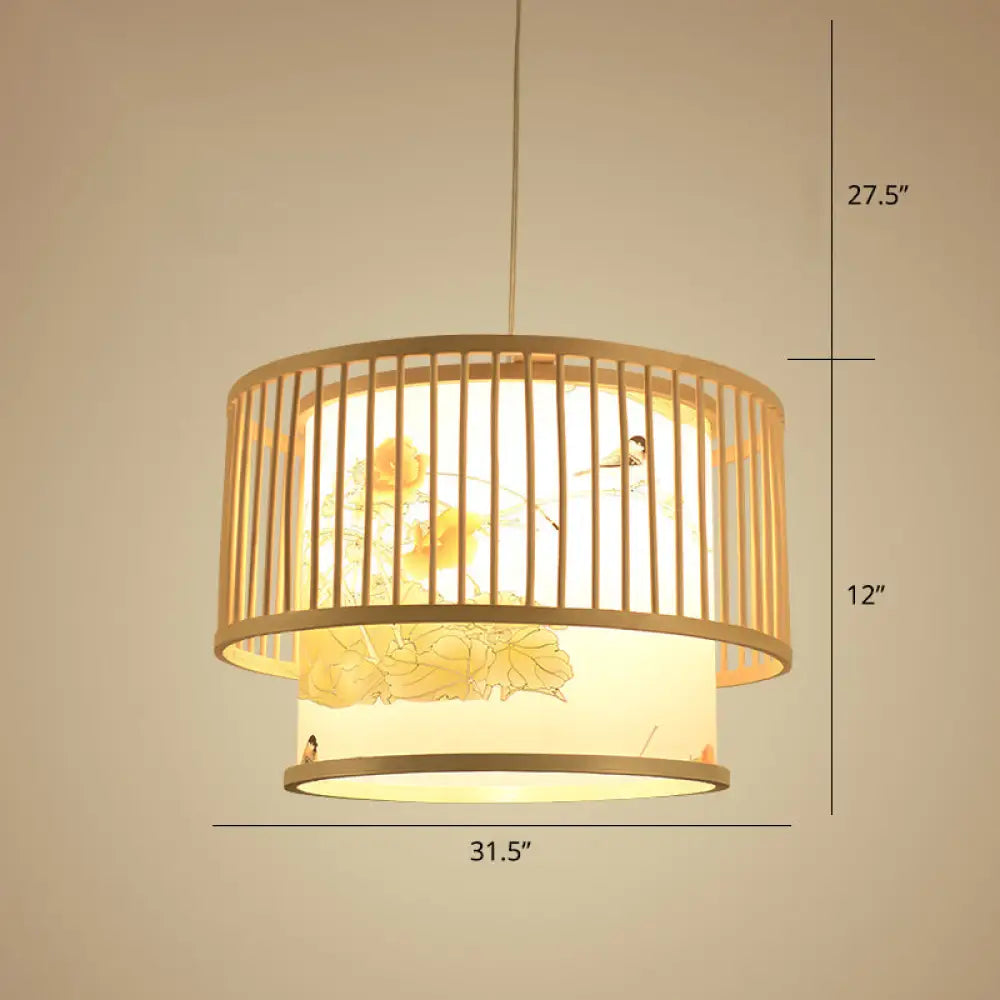 Bamboo Drum Pendant Lamp - Asian 1-Light Beige Ceiling Light With Printed Cylindrical Shade / 31.5