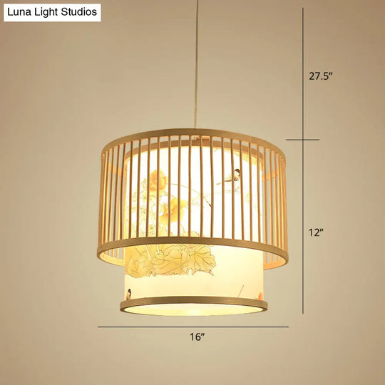 Bamboo Drum Pendant Lamp - Asian 1-Light Beige Ceiling Light With Printed Cylindrical Shade