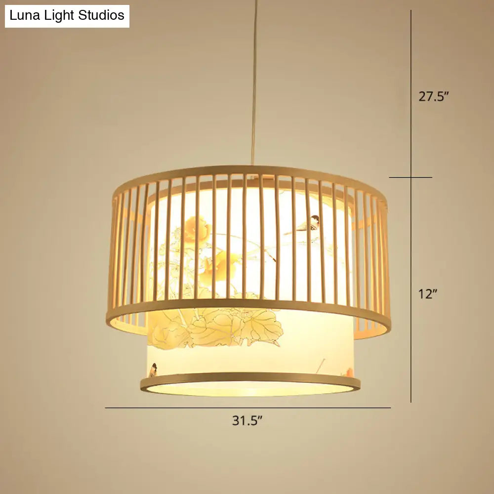 Bamboo Drum Pendant Lamp - Asian 1-Light Beige Ceiling Light With Printed Cylindrical Shade