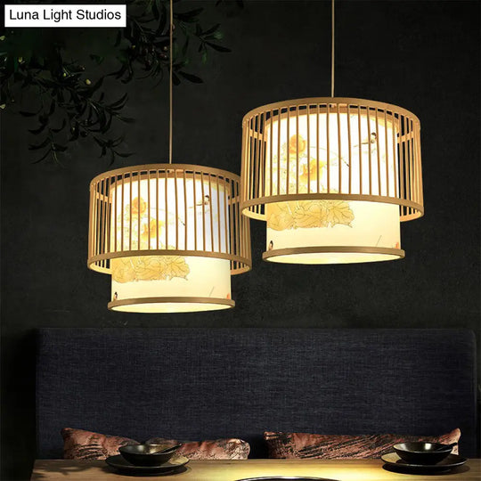 Bamboo Drum Pendant Lamp - Asian 1-Light Beige Ceiling Light With Printed Cylindrical Shade