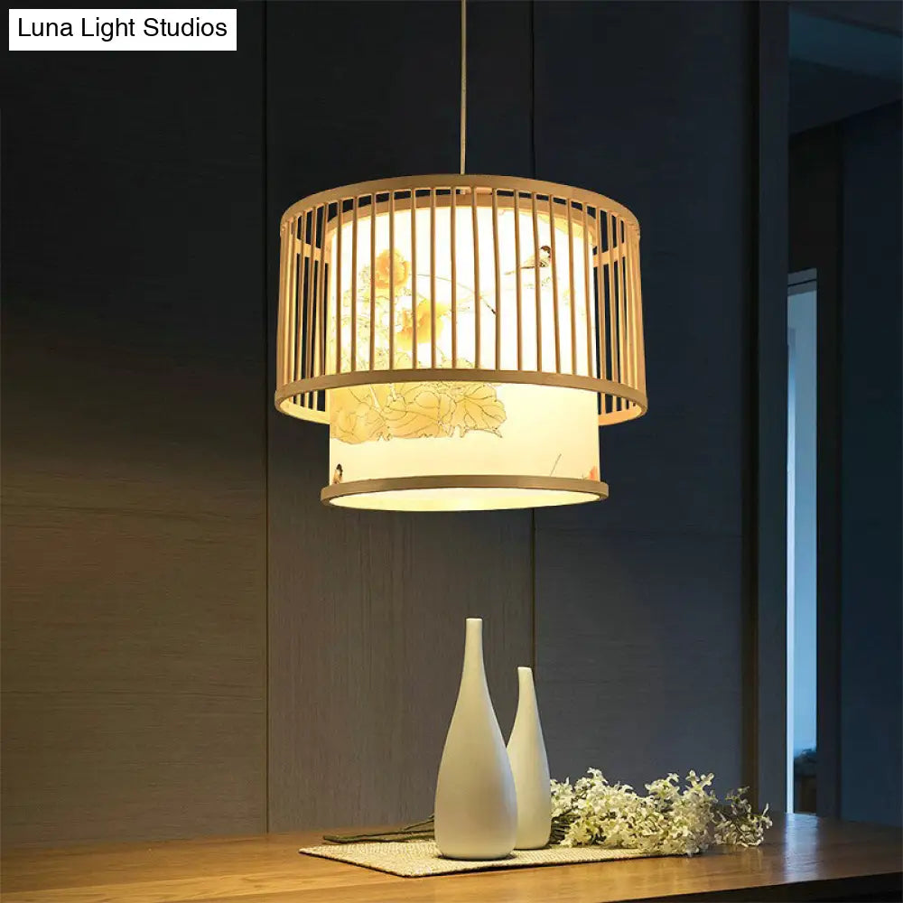 Bamboo Drum Pendant Lamp - Asian 1-Light Beige Ceiling Light With Printed Cylindrical Shade