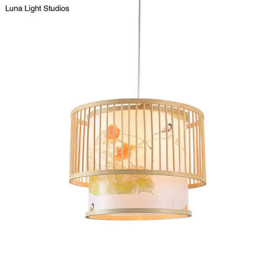 Bamboo Drum Pendant Lamp - Asian 1-Light Beige Ceiling Light With Printed Cylindrical Shade