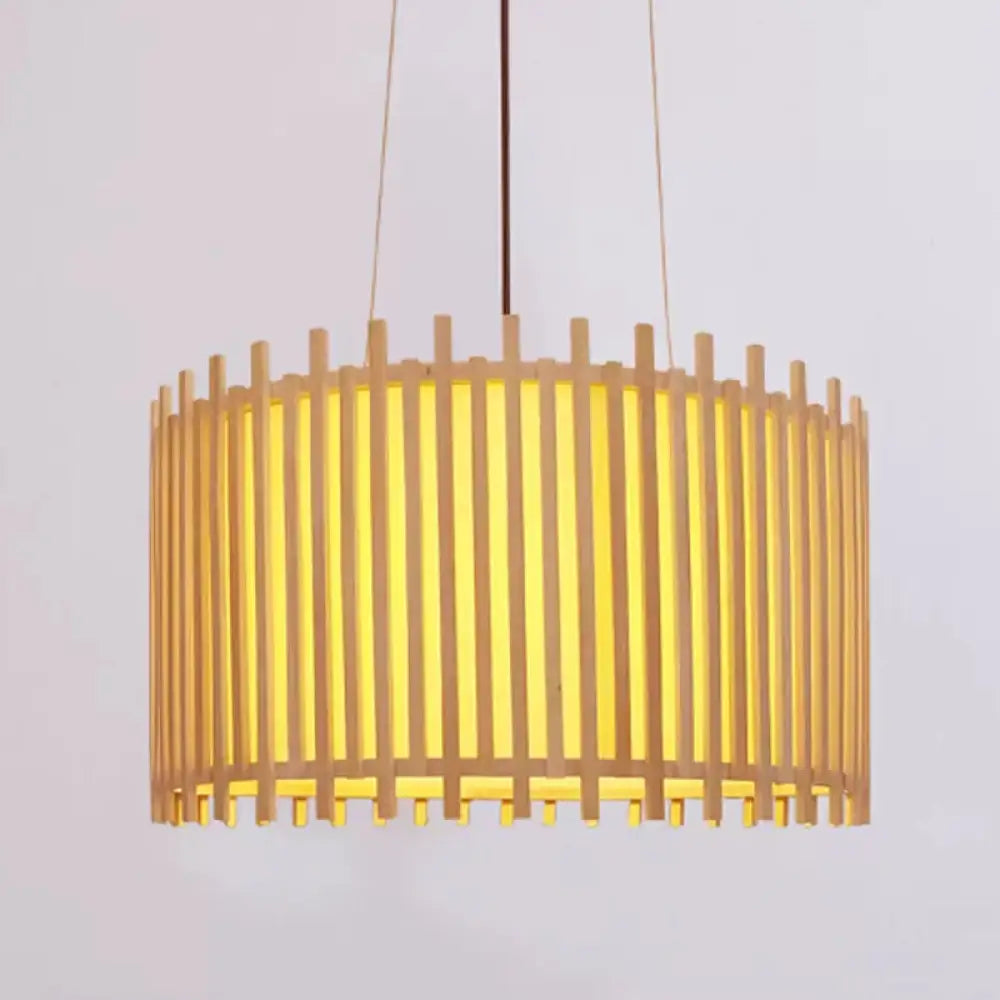 Bamboo Drum Suspension Light - Contemporary Ceiling Pendant In Beige 1 Bulb Wide Design / 17’