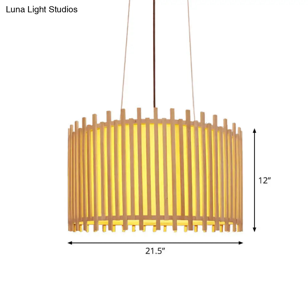 Bamboo Drum Suspension Light - Contemporary Ceiling Pendant In Beige 1 Bulb Wide Design