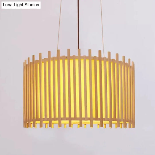 Contemporary Bamboo Drum Suspension Light - 1 Bulb 17/21.5 Wide Beige Ceiling Pendant / 17