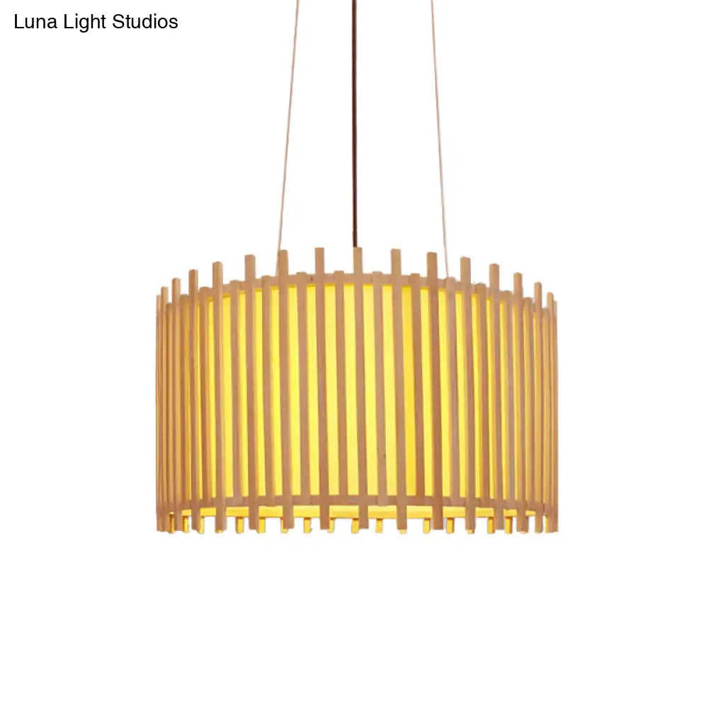 Contemporary Bamboo Drum Suspension Light - 1 Bulb 17/21.5 Wide Beige Ceiling Pendant