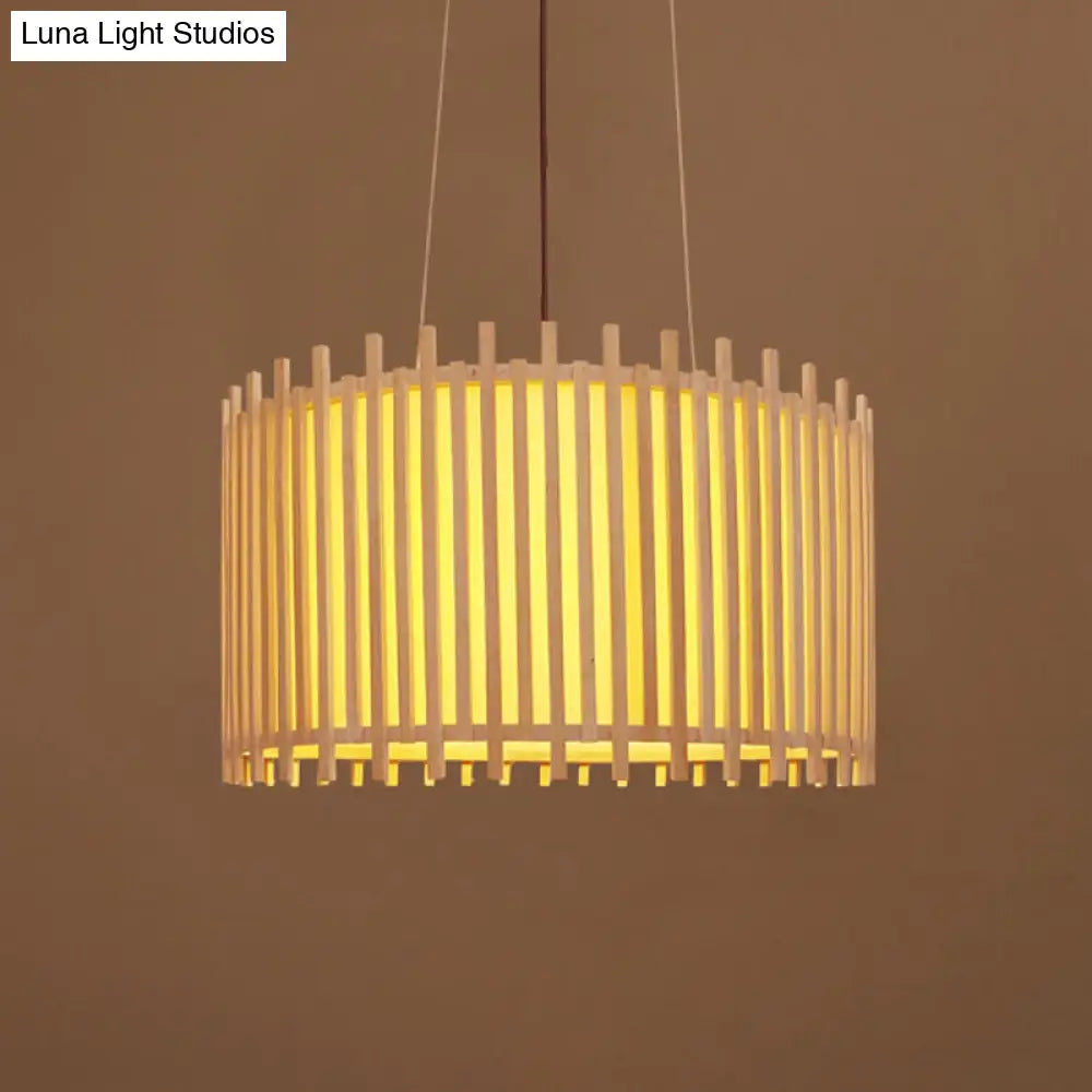 Bamboo Drum Suspension Light - Contemporary Ceiling Pendant In Beige 1 Bulb Wide Design