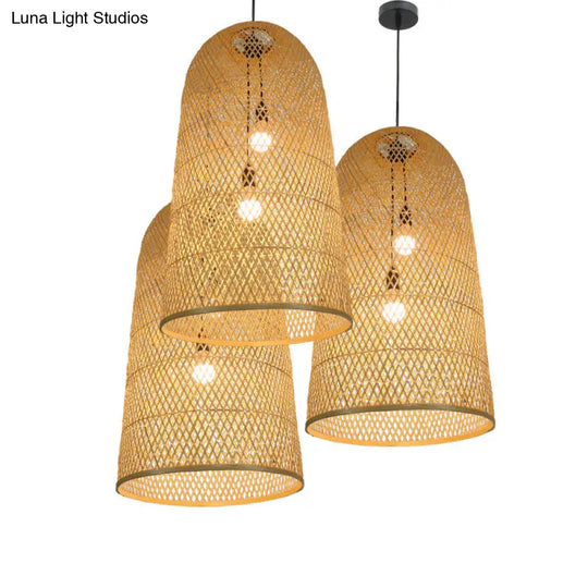 Bamboo Elongated Pendant Chandelier Asian 2 Lights Wood Drop Lamp For Living Room