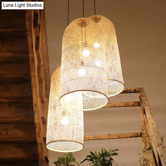 Bamboo Elongated Pendant Chandelier Asian 2 Lights Wood Drop Lamp For Living Room