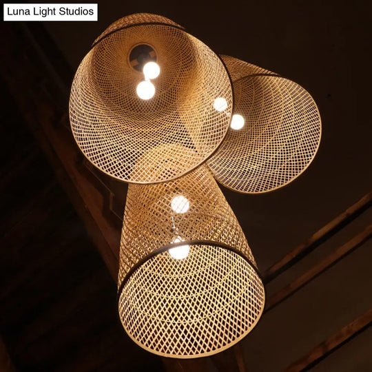 Bamboo Elongated Pendant Chandelier Asian 2 Lights Wood Drop Lamp For Living Room