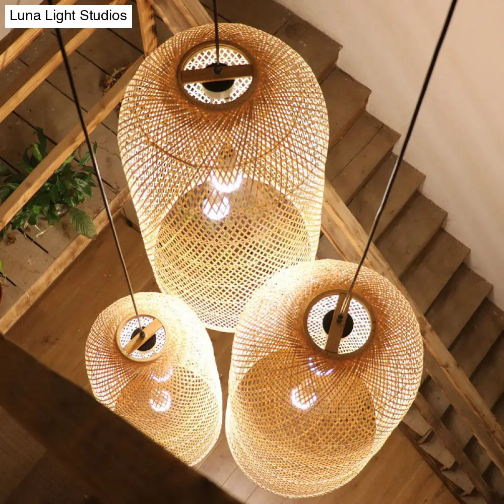 Bamboo Elongated Pendant Chandelier Asian 2 Lights Wood Drop Lamp For Living Room