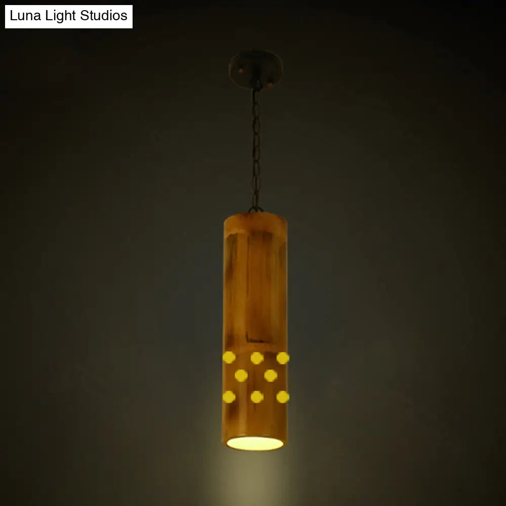 Bamboo Etched Hanging Light Kit - 1-Light Ceiling Pendant In Brown For Dining Room