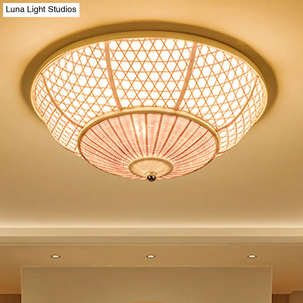 Bamboo Flush Dome Light: Chinese Style Beige Ceiling Fixture (3 Bulbs) - Ideal For Living Room