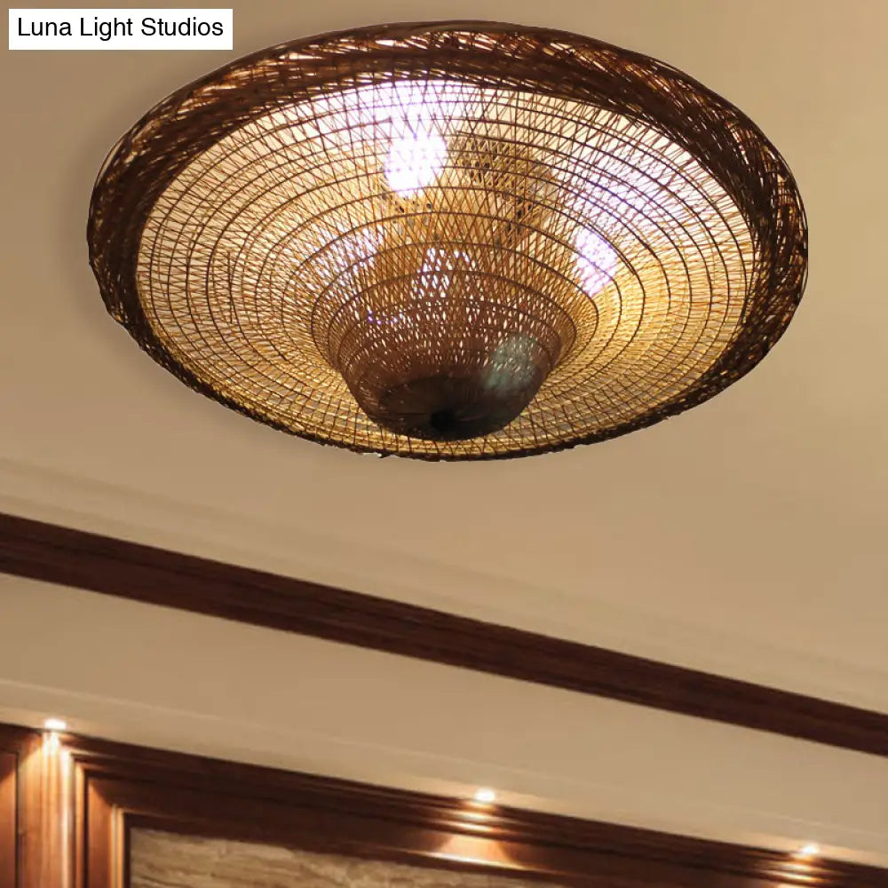 Bamboo Flush Light With 4 Bulbs - Chinese Ceiling - Mounted Fixture In Beige For Dining Room