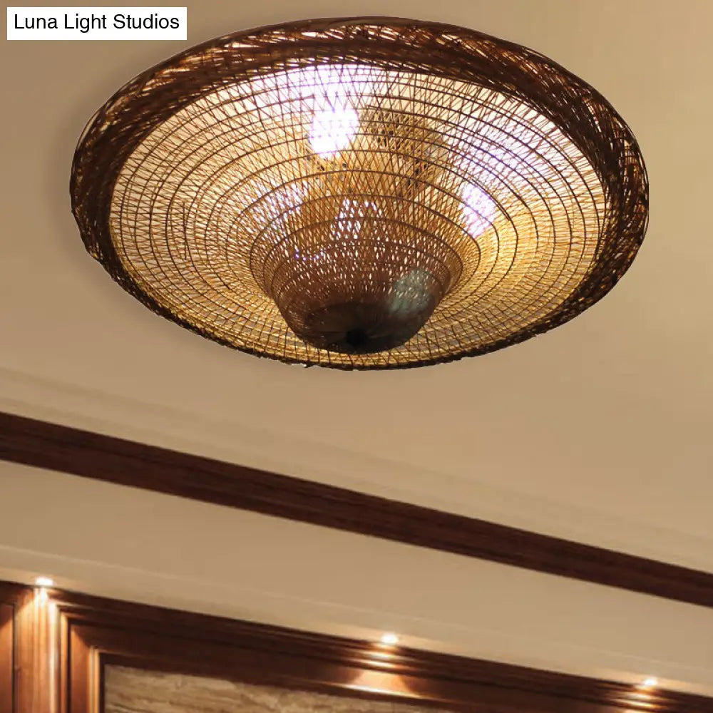 Bamboo Flush Light With 4 Bulbs- Chinese Ceiling-Mounted Fixture In Beige For Dining Room