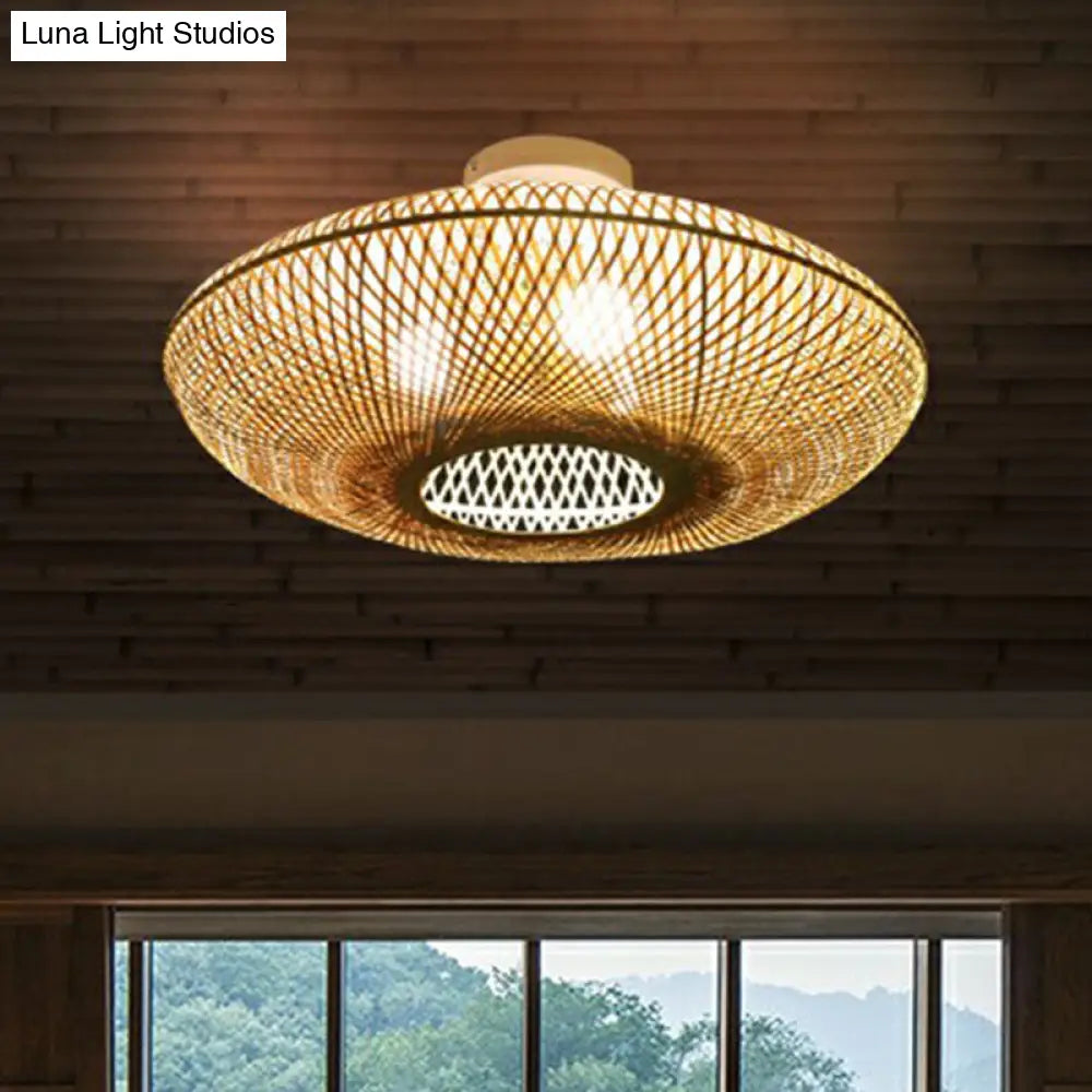 Bamboo Flush Mount Lantern Lighting: Minimalist Wood Design For Bedroom With 3 Bulbs