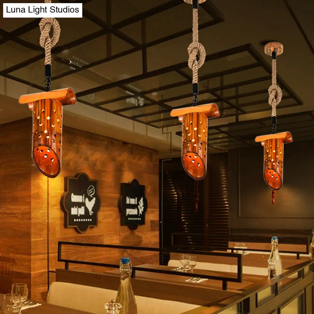 Bamboo Flute Pendant Lamp: Brown Hollow-Out Design 1-Light Ceiling Hanging Light