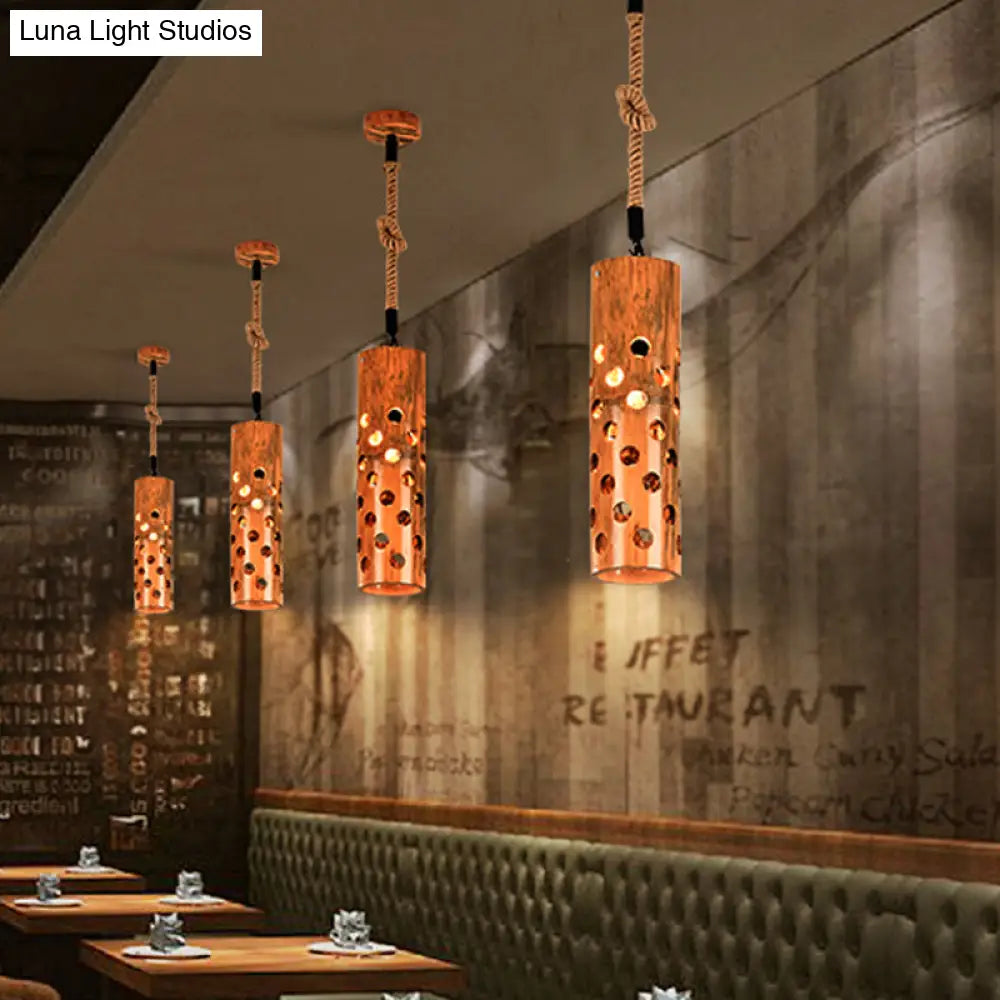 Bamboo Flute Pendant Lamp: Brown Hollow-Out Design 1-Light Ceiling Hanging Light