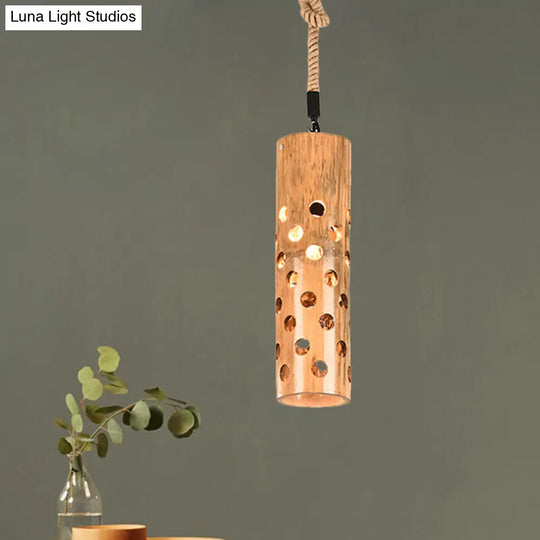 Loft Flute Bamboo Pendant Lamp - Brown Hollow-Out Design 1-Light Rope Ceiling Light / C