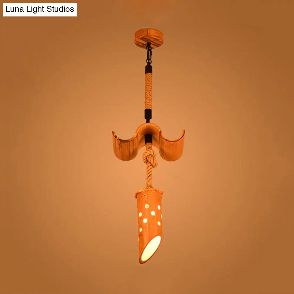 Bamboo Flute Pendant Lamp: Brown Hollow-Out Design 1-Light Ceiling Hanging Light