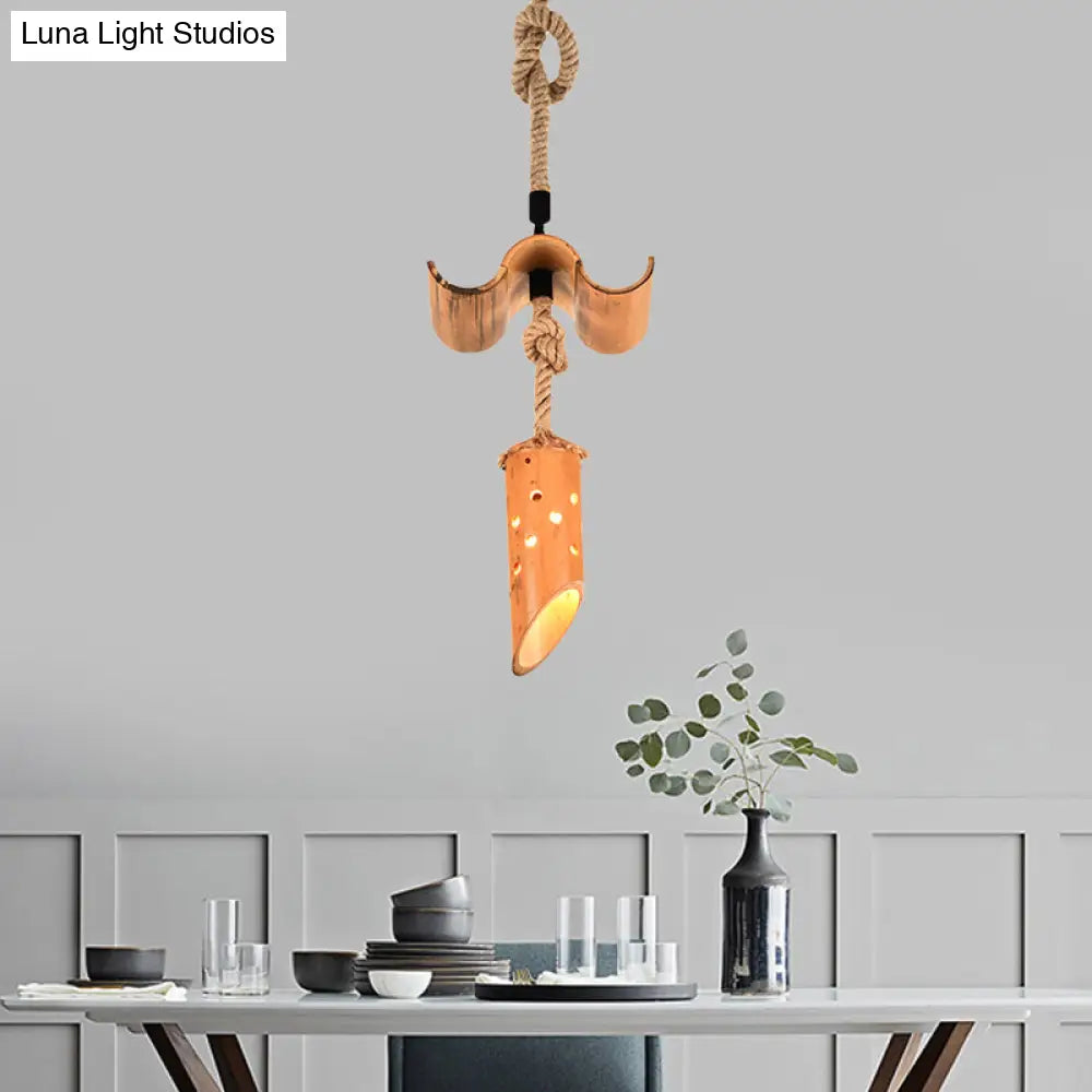 Bamboo Flute Pendant Lamp: Brown Hollow-Out Design 1-Light Ceiling Hanging Light