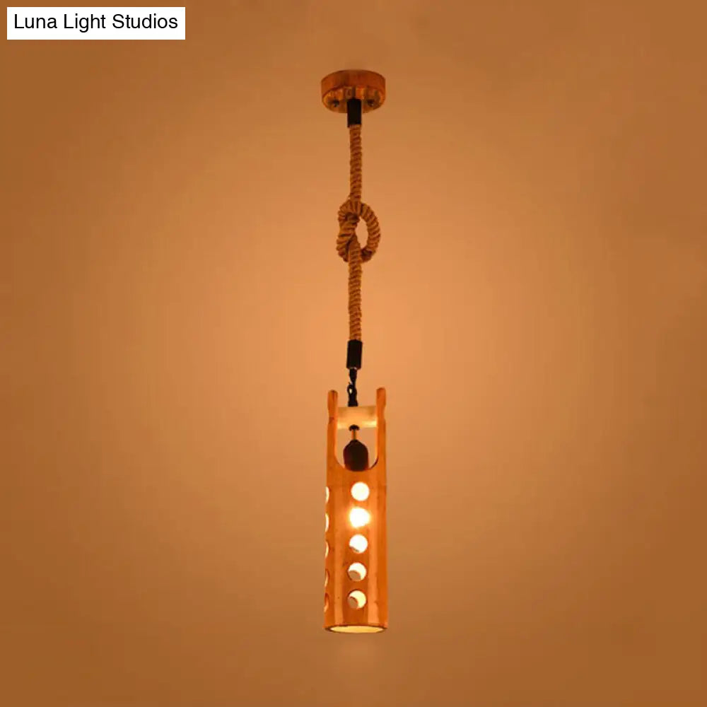 Loft Flute Bamboo Pendant Lamp - Brown Hollow-Out Design 1-Light Rope Ceiling Light