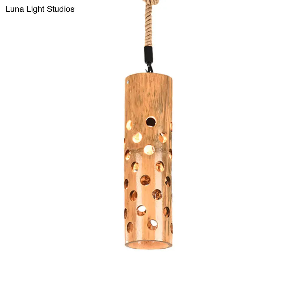 Loft Flute Bamboo Pendant Lamp - Brown Hollow-Out Design 1-Light Rope Ceiling Light