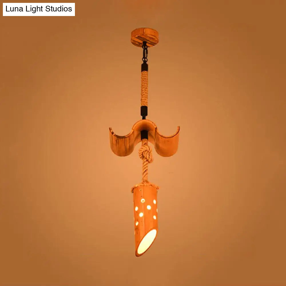 Loft Flute Bamboo Pendant Lamp - Brown Hollow-Out Design 1-Light Rope Ceiling Light