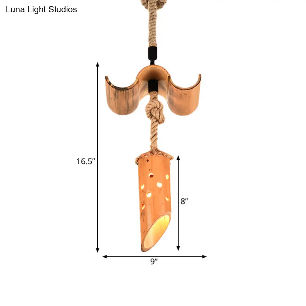 Bamboo Flute Pendant Lamp: Brown Hollow-Out Design 1-Light Ceiling Hanging Light