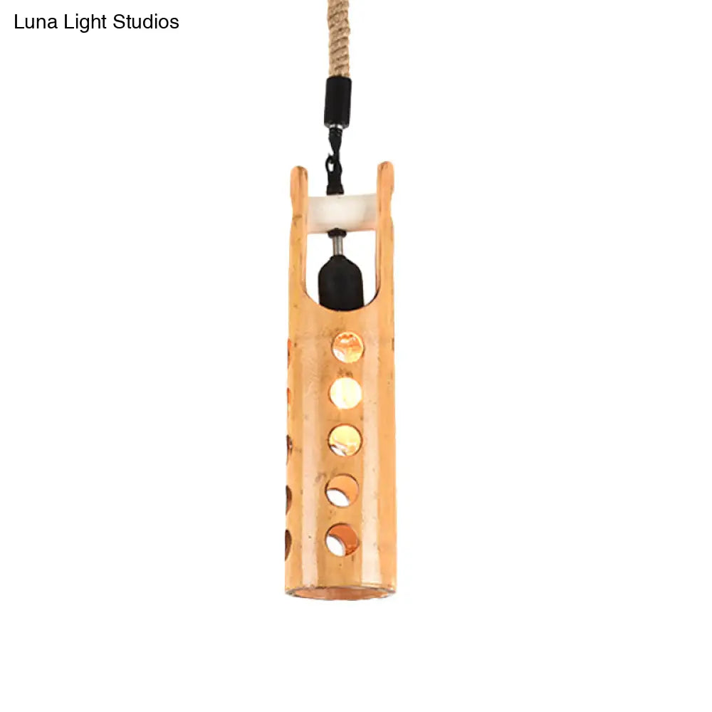 Bamboo Flute Pendant Lamp: Brown Hollow-Out Design 1-Light Ceiling Hanging Light