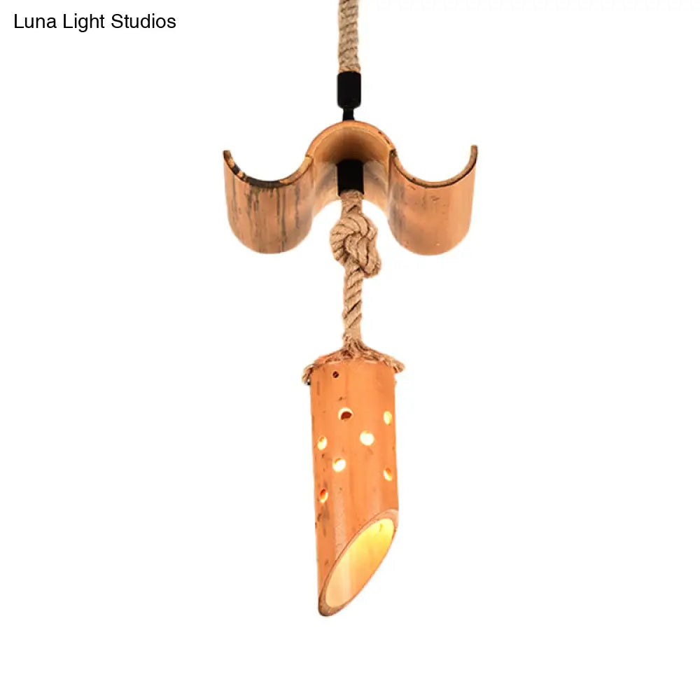 Loft Flute Bamboo Pendant Lamp - Brown Hollow-Out Design 1-Light Rope Ceiling Light