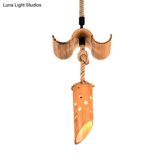 Loft Flute Bamboo Pendant Lamp - Brown Hollow-Out Design 1-Light Rope Ceiling Light