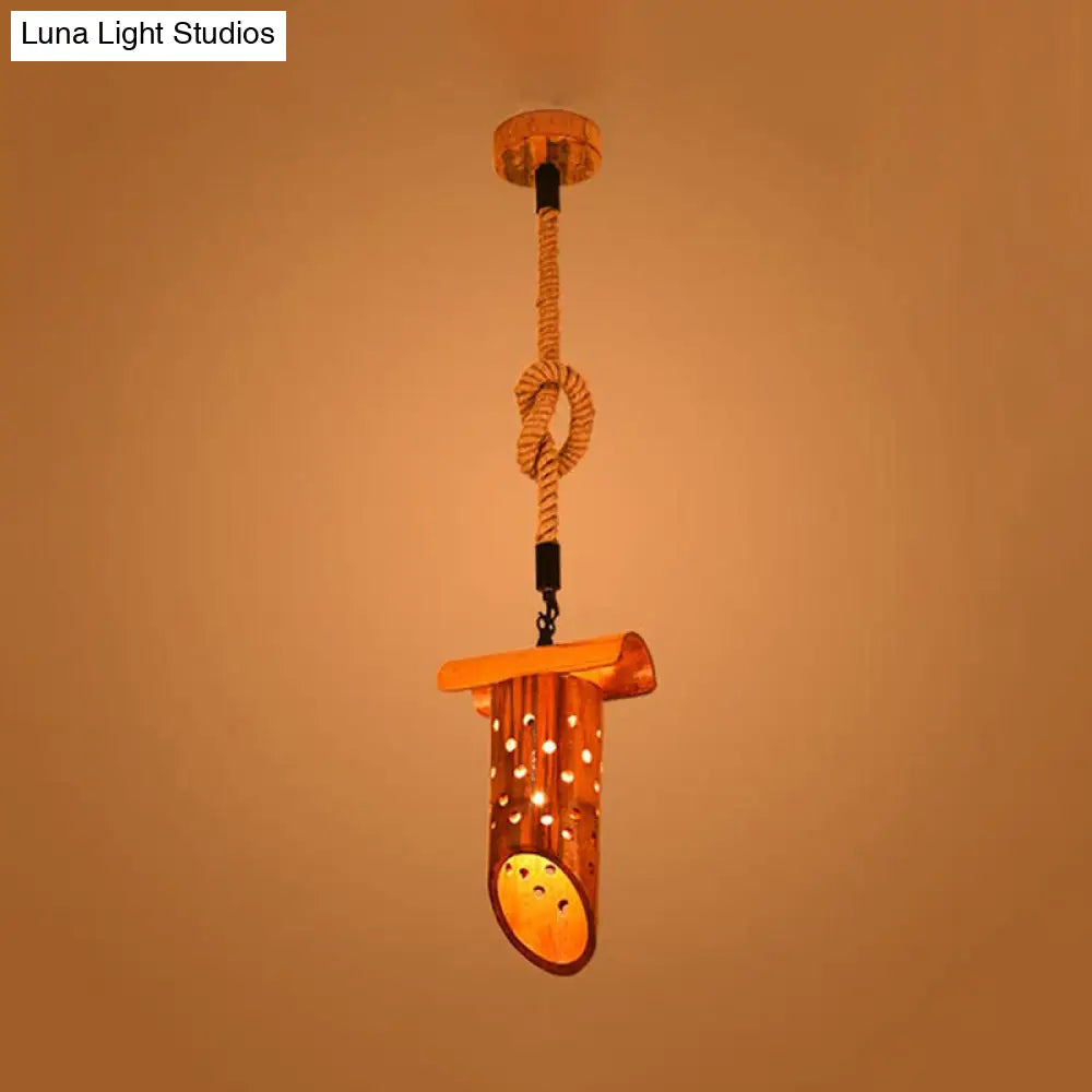 Bamboo Flute Pendant Lamp: Brown Hollow-Out Design 1-Light Ceiling Hanging Light