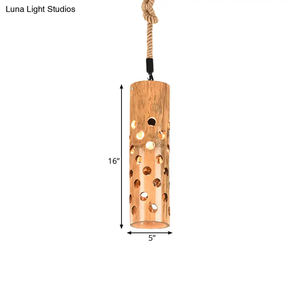 Loft Flute Bamboo Pendant Lamp - Brown Hollow-Out Design 1-Light Rope Ceiling Light