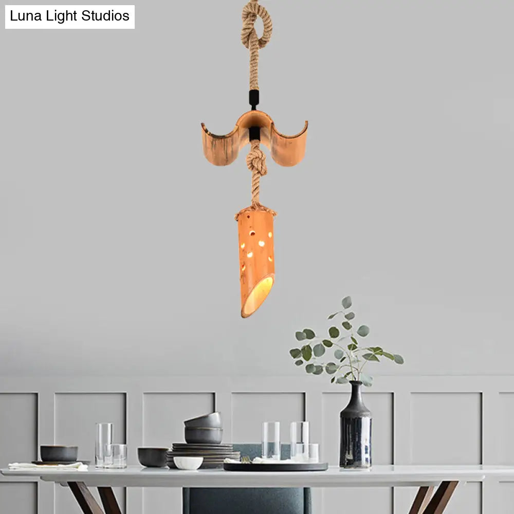 Loft Flute Bamboo Pendant Lamp - Brown Hollow-Out Design 1-Light Rope Ceiling Light