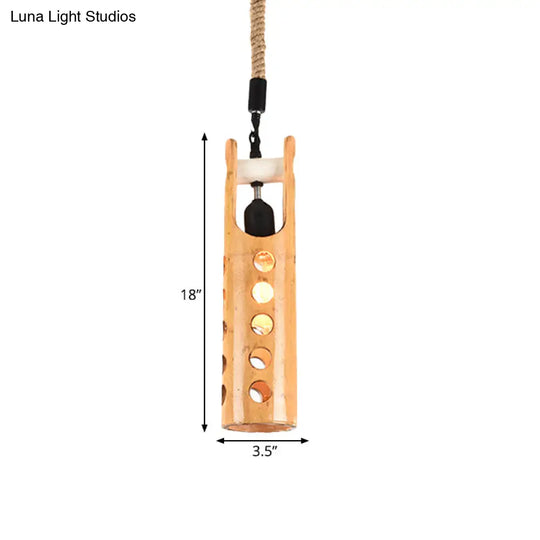 Loft Flute Bamboo Pendant Lamp - Brown Hollow-Out Design 1-Light Rope Ceiling Light