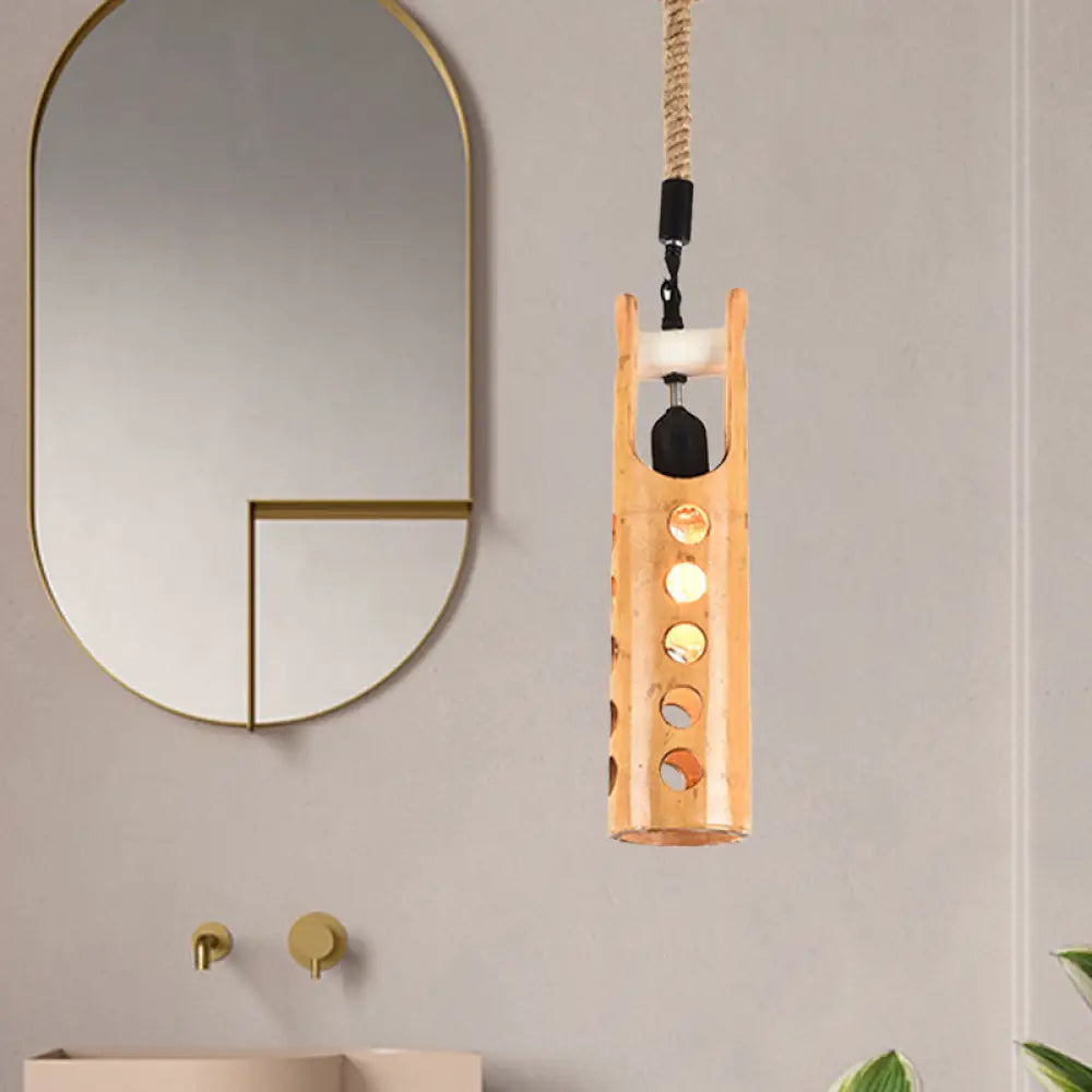 Bamboo Flute Pendant Lamp: Brown Hollow-Out Design 1-Light Ceiling Hanging Light / D