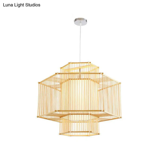 Bamboo Geometric Pendant Light With Asian Style - Wood Finish