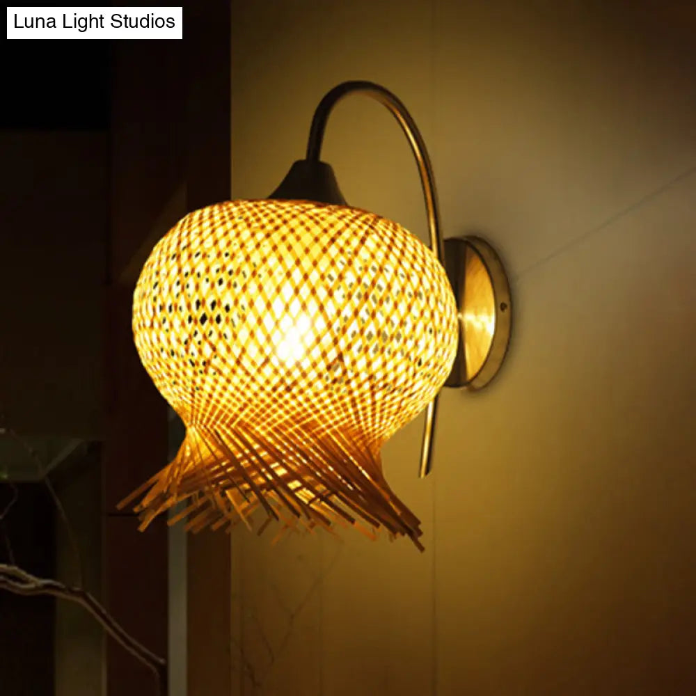 Bamboo Hand-Woven Sconce Wall Lamp With Metal Gooseneck Arm - Flaxen