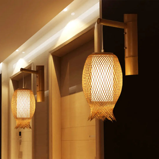 Bamboo Handcrafted Sconce Light - 1 Head Khaki Wall Mount With White Parchment Shade Asian Inspired