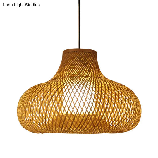 Bamboo Handwoven Japanese Pendant Lamp - 1 Head Ceiling Suspension Light In Flaxen